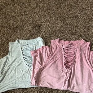 American Eagle Pink and Light Blue Lace-Up Women Tops